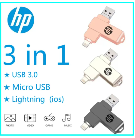 PD149-【สต๊อกพร้อม】 HP 3.ไดรฟ์ USB 1TB 3 In 1 OTG Ios ไมโคร USB USB โลหะกันน้ำแฟลชไดร์ฟไดรฟ์ U Disk ความเร็วสูงสำหรับ Iphone6/7/8 /Xr/ 11/12 /13แอนดรอยด์ไมโคร USB