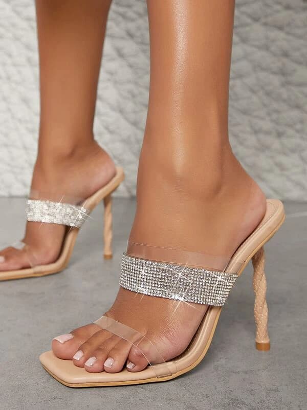 รองเท้าส้นสูง เปิดนิ้วเท้า พลอยเทียม สายหนัง บิดเกลียว l-78